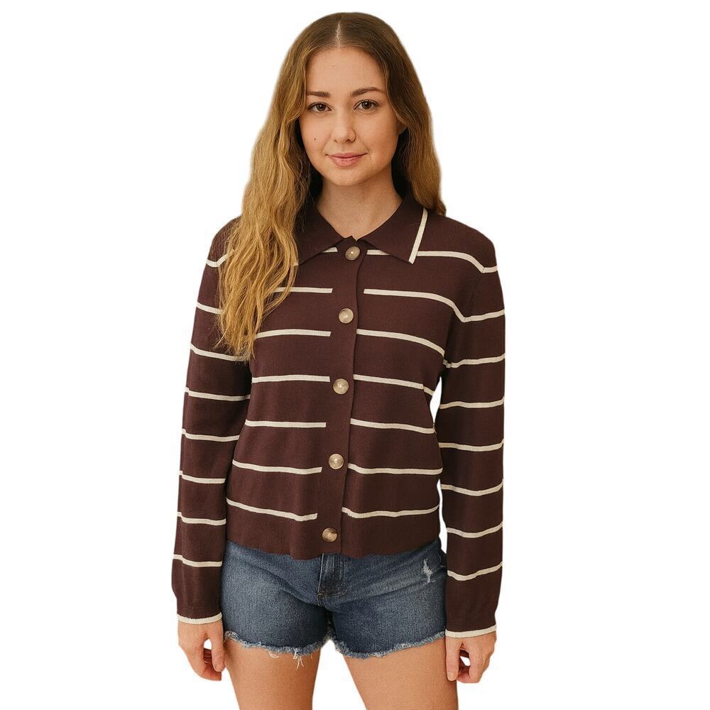 Emerson Lang sz M chocolate brown striped sweater button up winter warm preppy